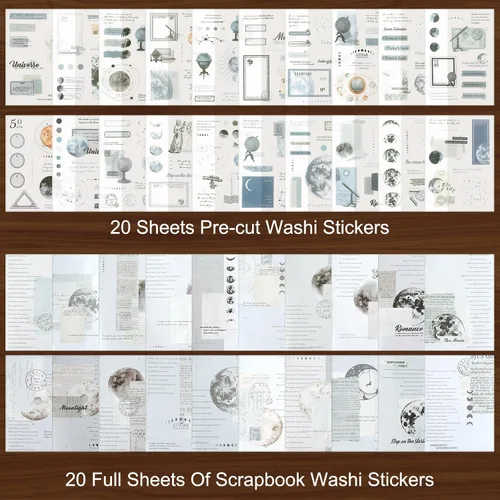 Vista 2 de Dizdkizd Calcomanías Washi con Temática Celestial para Journaling, Libro de Calcomanías de Efímera Vintage con 180 Calcomanías de Planetas y 20