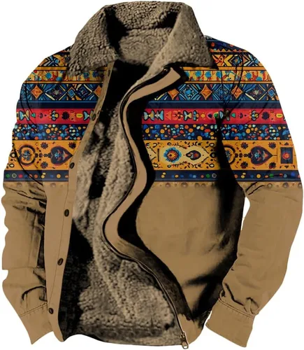 Vista 21 de LOAIHA Chaqueta de invierno para hombre, chaqueta azteca occidental para hombre, con cremallera, forro polar cálido, chaqueta vaquera, étnica vintage