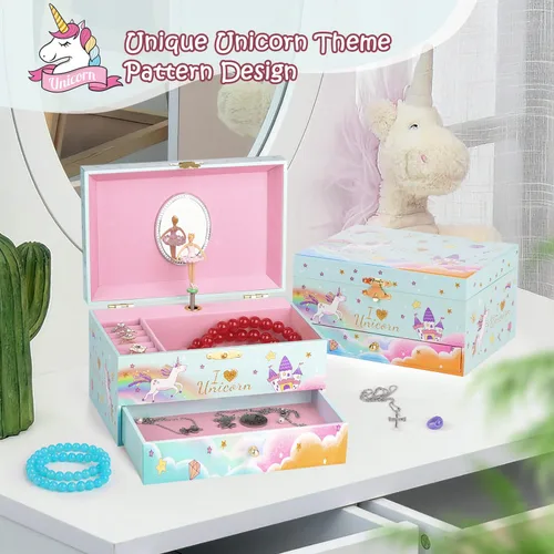 Vista 2 de Joyero para niñas, caja musical para niñas, organizador de joyas de bailarina para niña pequeña con collar de unicornio y pulsera, regalos