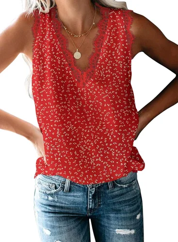 Vista 74 de VIISHOW - Camiseta sin mangas, sexy, con cuello en V y bordes de encaje para mujer, camisola de vestir, camisas de gasa, sin mangas, casuales