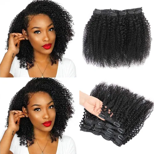 Vista 17 de Extensiones de cabello rizado con clip para mujeres afroamericanas, Urbeauty, Extensiones de cabello rizado con clip para cabello humano para chicas