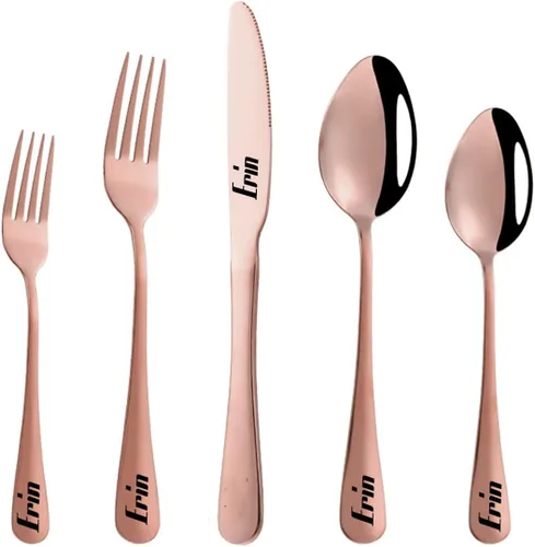 Vista 10 de Juego de cubiertos personalizado de acero inoxidable, cuchillo grabado, tenedores, cuchara, nombres personalizados se grabarán en tu vajilla, regalo