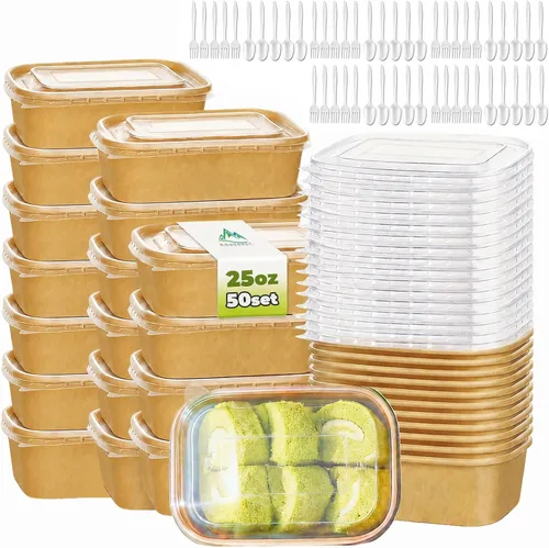 Vista 10 de Kaderron 50 Pack 20 OZ Large Paper Bowls with Lids with Spoons and Forks, Heavy Duty Disposable Meal Prep Containers for Party, Soak-Proof and