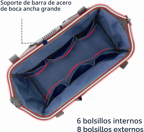 Vista 4 de Caja de herramientas de 16 pulgadas, correa de hombro ajustable para pies antideslizantes, 14 bolsillos funcionales, caja de herramientas de gran