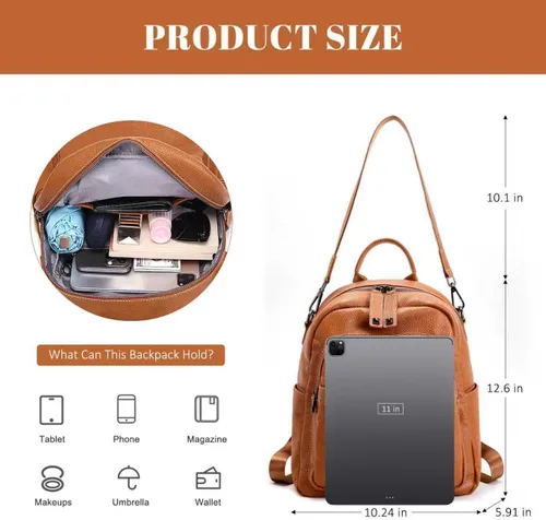 Vista 3 de BOYATU Mochila de cuero genuino para mujer mochilas suaves convertibles antirrobo - Elegante mochila de viaje para mujer (01 mediano-marrón caramelo)
