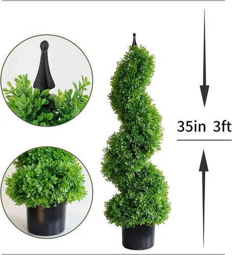 Vista 2 de Damomo Topiarios artificiales para exteriores, árbol topiario de boj en espiral sintético, 3 pies (2 piezas) planta exterior para decoración verde