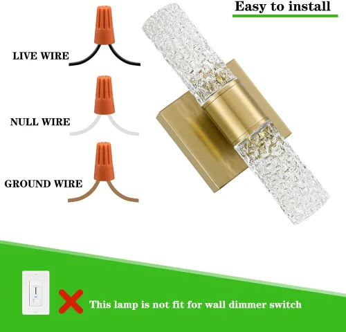 Vista 6 de Juego de 2 apliques de pared LED de cristal, lámparas de baño de oro cepillado, modernas luces de baño con LED con cable para dormitorio, sala