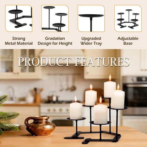 Vista 7 de Candelabro Ajustable Portavelas: Candelabro de Hierro con 5 Velas para Chimenea, para Velas de Pilar, Negro