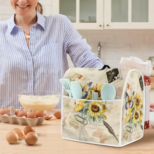 Vista 4 de UNICEU Protector de cubierta de batidora de soporte de cocina con estampado retro de mariposa de girasol, con mango superior, cubierta de polvo