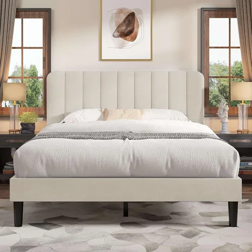 Vista 28 de VECELO Base de cama tapizada de tamaño matrimonial con 4 cajones y cabecero, plataforma de terciopelo, soporte de listones de madera, no necesita