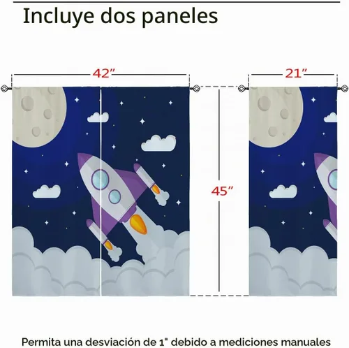 Vista 3 de Cortinas opacas con diseño de cohetes de dibujos animados para niñas y niños, decoración del hogar, aventura en el espacio, galaxia, planetas, azul