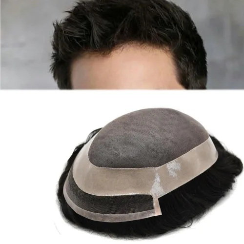 Vista 12 de Toupee para hombre pieza de cabello humano fino mono tupé piel de poliéster transparente alrededor de la pieza para hombres sistema de reemplazo