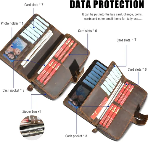 Vista 5 de Handadsume Genuino caballo loco cuero viaje regalo moneda bolsillo tarjeta caso largo organizador cadena Rfid monedero con broche para hombres