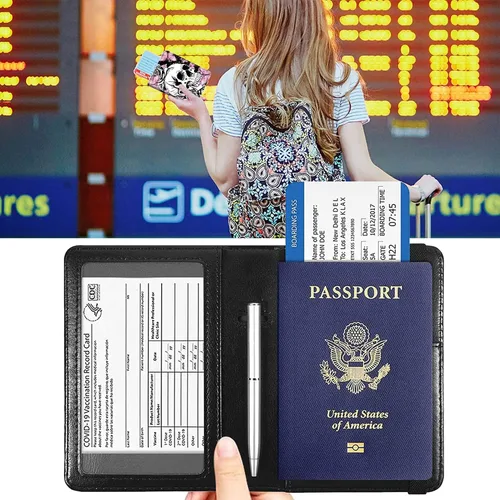 Vista 5 de Combo de portatarjetas de pasaporte y vacunación con bloqueo RFID-X-6, Butterfly Skull, Minimalista