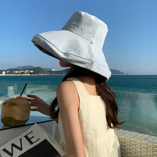 Vista 3 de Sombrero de sol de ala súper ancha para mujer, de algodón, plegable, reversible, con borde con cable, protección UV, verano, playa, viajes, jardín