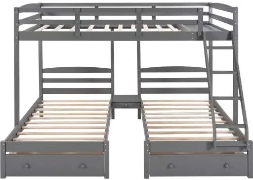 Vista 4 de Merai - Cama matrimonial y litera doble, litera triple de madera con cajones y barandillas (gris 2)