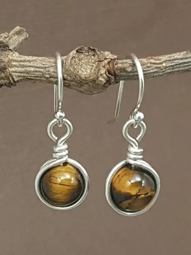 Vista 3 de Pendientes de gota de ojo de tigre de plata esterlina, joyas colgantes de piedras naturales hechas a mano
