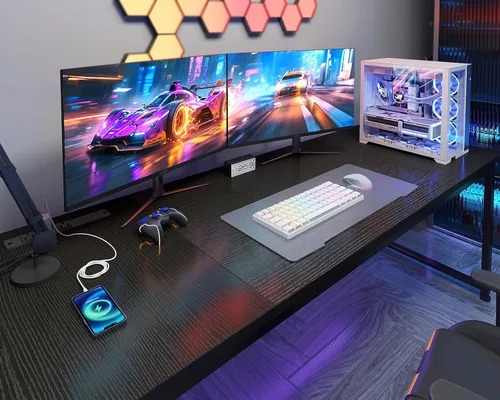 Vista 5 de Coleshome Escritorio para computadora de 71 pulgadas con puertos USB, escritorio de oficina grande, escritorio de estudio largo para estudiantes