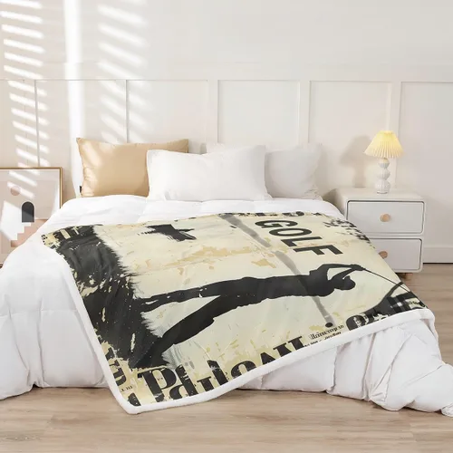 Vista 2 de Golf Fleece Blanket,Vintage Sports Game Golf Club Player Silhouette Bed Blanket for Adults Teens,Rustic Lake House Boating Beige Black Room