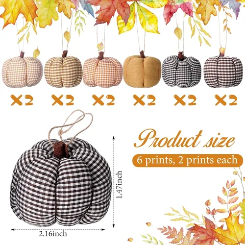 Vista 3 de Hiboom 12 adornos de calabaza de fieltro de otoño para decoración 3D de Acción de Gracias, 6 estilos, tela a cuadros, bellota, adorno colgante