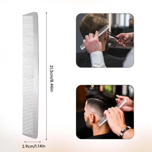 Vista 2 de Peine de metal de acero inoxidable con dientes finos para el cabello, antiestático, parte superior plana, peine de peluquero para peinar el cabello