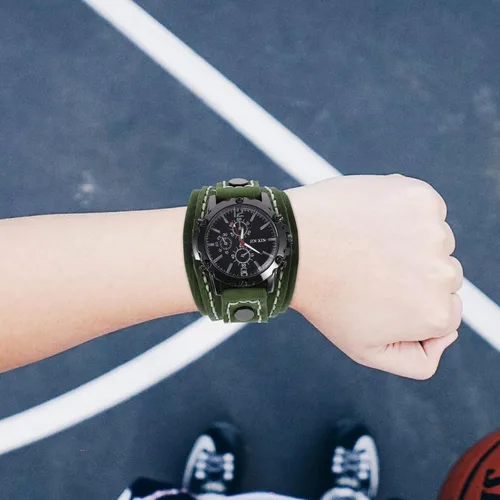 Vista 8 de UKCOCO Reloj de pulsera con correa de cuero ancha, pulsera punk para el día del padre