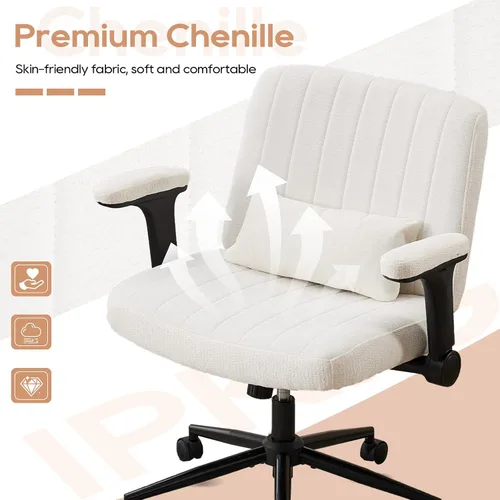 Vista 6 de IPKIG Silla cruzada con brazos abatibles ajustables, silla de tocador con ruedas, cómoda silla de escritorio con almohada lumbar, silla de oficina