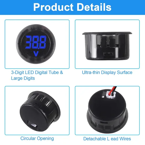 Vista 4 de Voltímetro digital para automóvil, 4 unidades, CC 4-28 V, 12 V, 24 V, voltímetro redondo de 2 cables, medidor de voltaje digital de CC para Azul