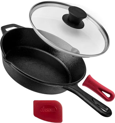 Vista 14 de Sartén de hierro fundido de Cuisinel con tapa - Sartén para freír pre-sazonada de 10" pulgadas + cubierta de vidrio + soporte para mango resistente
