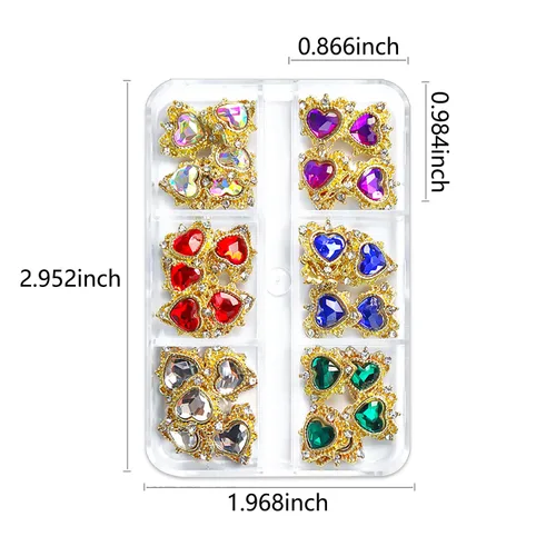 Vista 3 de 30 dijes de uñas de corazón y cristales para uñas, dijes de corazón para uñas, verde, azul, rojo, diamantes de imitación de corazón, cristales