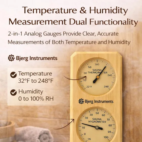 Vista 3 de Termómetro e higrómetro de sauna – Medidor analógico de temperatura y humedad 2 en 1 para interiores con marco de madera de pino, para salas
