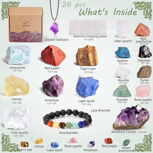 Vista 2 de AOOVOO Juego de 26 cristales y piedras curativas, juego de regalo de cristales curativos, 7 piedras preciosas crudas, 7 piedras preciosas caídas