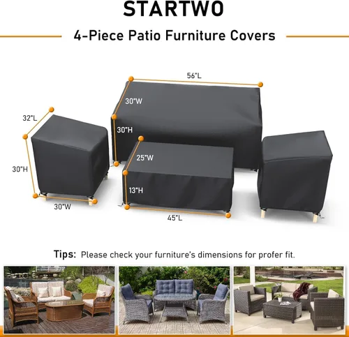 Vista 2 de STARTWO Outdoor Furniture Cover Waterproof, Patio Furniture Covers 4 Piece Set 600D Heavy Duty for Chairs, Couch, Table Coffee, Black