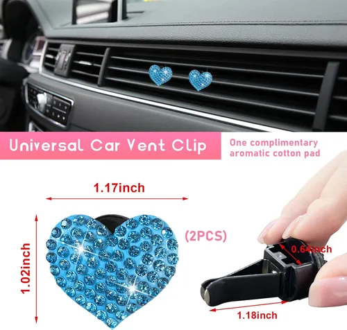 Vista 2 de Ziciner 2 dijes con forma de corazón brillante para ventilación de automóvil, con forma de corazón, clip de salida de aire acondicionado con Azul