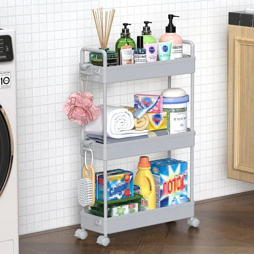 Vista 10 de SOLEJAZZ Carrito de Almacenamiento Delgado con Ruedas de 3 Niveles, Organizador de Almacenamiento Estrecho para Baño, Organizador de Utilidades