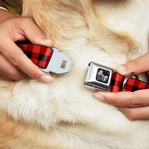 Vista 8 de Buckle-Down Collar de perro con hebilla de cinturón de seguridad, diseño a cuadros de búfalo, color negro/rojo, 1 pulgada de ancho, se adapta a