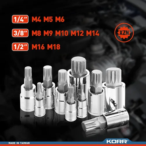 Vista 5 de KORR Herramientas KSS009 10pc XZN Triple Square Spline Bit Socket Set