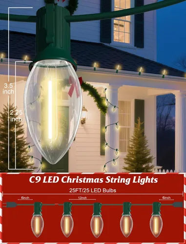 Vista 2 de SUNSGNE Luces LED C9 de Navidad para exteriores, luces de Navidad al aire libre con 27 bombillas LED de color blanco cálido (2 de repuesto)