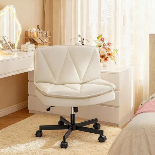Vista 10 de DurayLoly Silla Criss Cross con Ruedas, Silla de Oficina con Patas Cruzadas con 2 Capas de Cuero Comfty & Back, Silla de Tocador Ancha sin Brazos