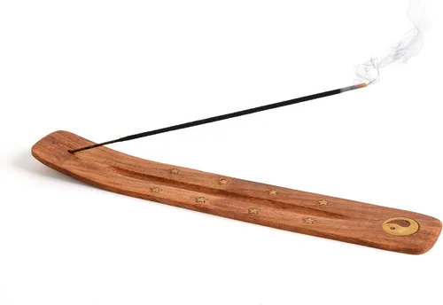 Vista 11 de Soporte de incienso de madera para palos con incrustaciones de luna creciente de latón de 10 pulgadas de largo