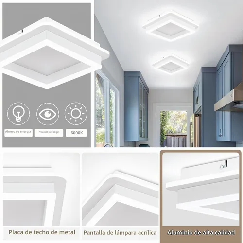 Vista 7 de CANEOE Luz de Pasillo Cuadrada de 24W, Moderna Luz de Techo LED de Montaje al Ras, Luces de Acrílico Blanco Cerca del Techo para Dormitorio Comedor