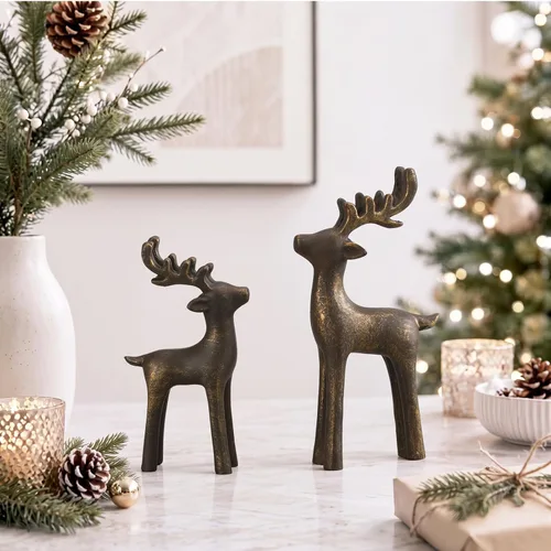 Vista 15 de 2 piezas de decoración moderna de Navidad, decoración neutral de Navidad de renos, estatuas de ciervos de resina, figuras de renos, estatuas