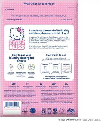 Vista 2 de Earth Breeze Hojas de detergente para ropa Hello Kitty, Blossom Bliss Fragancia floral fresca con notas de flor de cerezo, jazmín y ámbar; sin