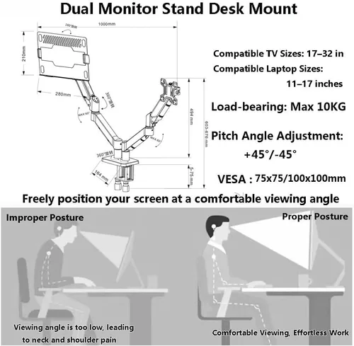 Vista 7 de Dual Monitor Stand, Dual Monitor Arm for 17-32 Inch, Ergonomic Desk Monitor Mount Holds up to 22 lbs,Height Adjustable Swivel Tilt Rotation Space