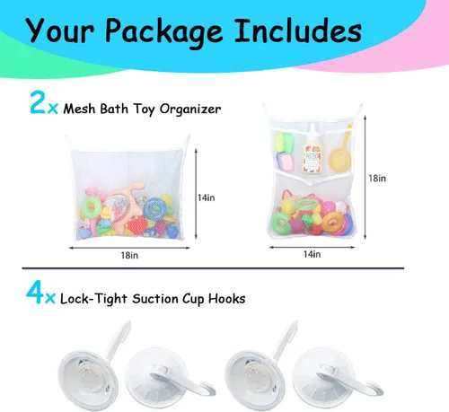 Vista 2 de 2 bolsas de malla para juguetes de bañera, organizador de juguetes de baño de 18 x 14 pulgadas, 4 ganchos ultra fuertes, color blanco