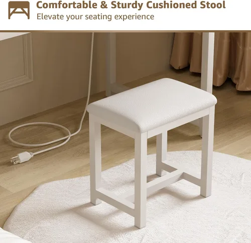 Vista 8 de Escritorio de Tocador Blanco con Espejo y Luz - Juego de Tocador de Maquillaje con Mesa y Silla, Almacenamiento, Espejo Iluminado, 4 Cajones Grandes