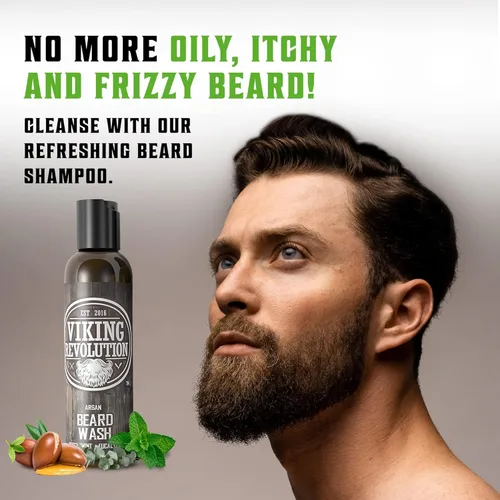 Vista 3 de Best Deal Juego de acondicionador para barba con aceite de argán y jojoba, suaviza y fortalece: menta natural y aroma a eucalipto, champú para barba