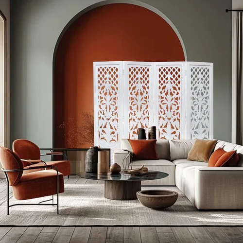 Vista 9 de Panel de pantalla de madera para divisor de habitación, blanco, plegable de 4 paneles de 64 x 54 pulgadas, tallado a mano, separador de privacidad