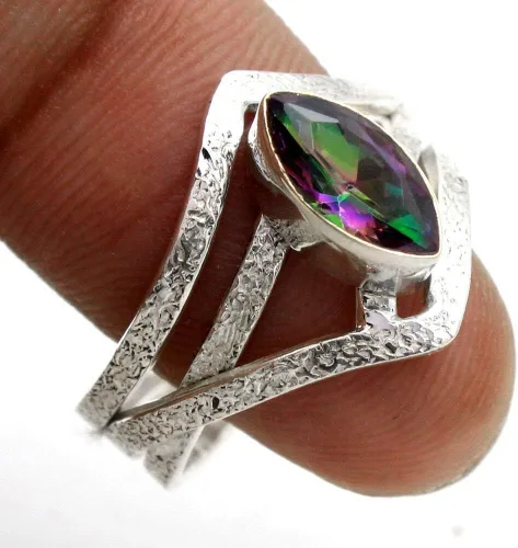 Vista 3 de Anillo de plata de ley 925 con topacio místico marquesa hecho a mano para mujer, joyería de regalo para el día de San Valentín