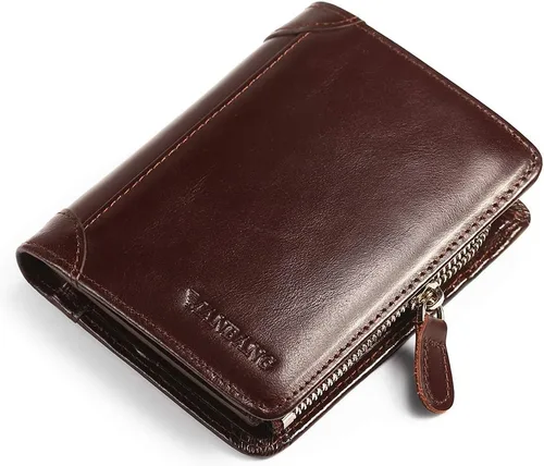 Vista 7 de Billetera para hombre con cremallera de cuero genuino RFID tarjeteros de piel de vaca con cremallera bolsillo para monedas, carteras plegables